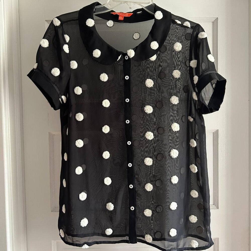 Modcloth Black Polka Dot Peter Pan Collar Sheer Short Sleeve Blouse Size L